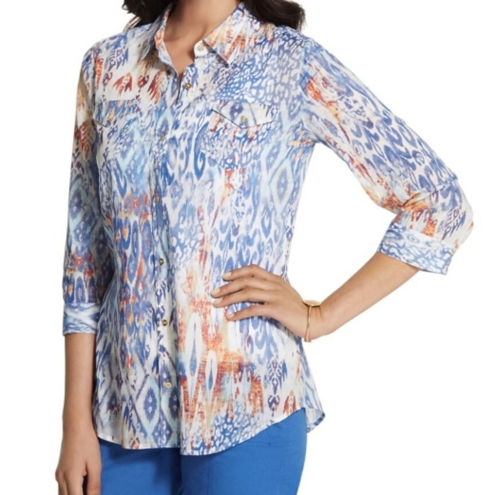 Chico's (Size 2/L/12) Multicolored Whitney Cheetah Button Down 3/4 Sleeve Shirt